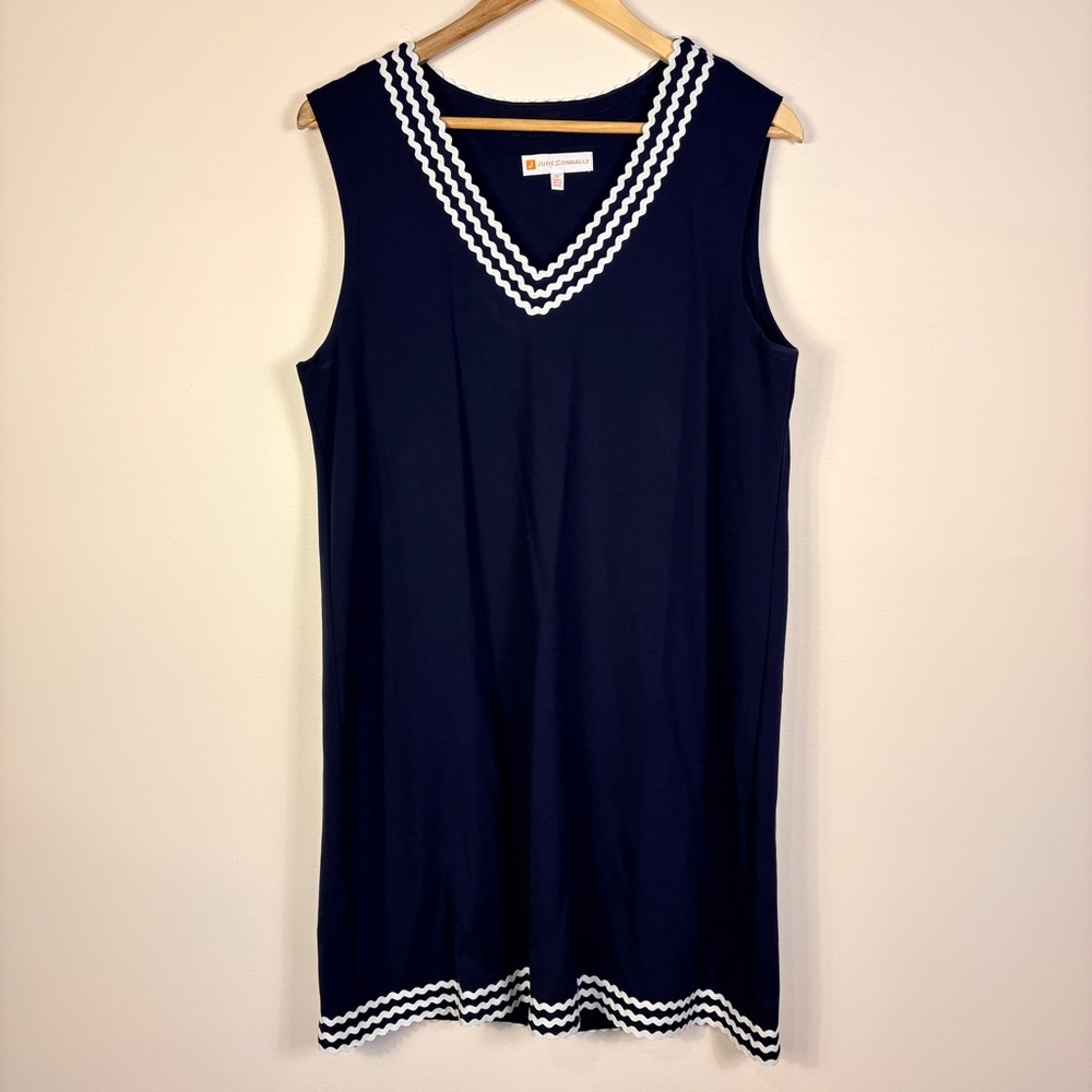Jude Connally Sleeveless Blue Shift Dress White Trim Nautical Cruise Preppy